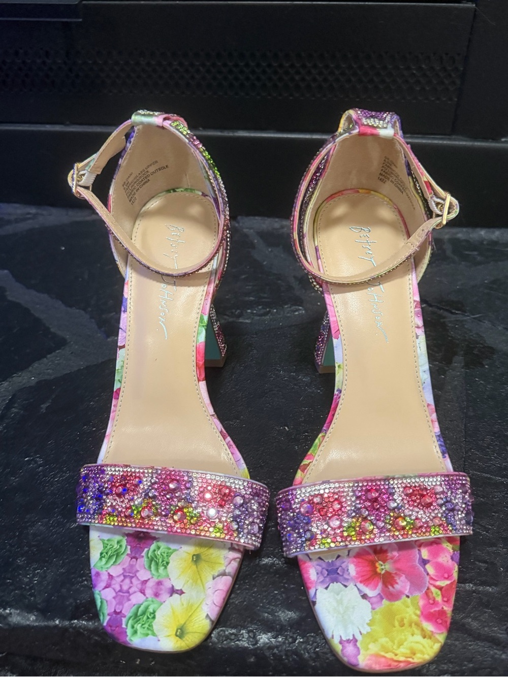 Betsey Johnson Pink Multicolor Crystal Floral Block Heels - Picture 3 of 6